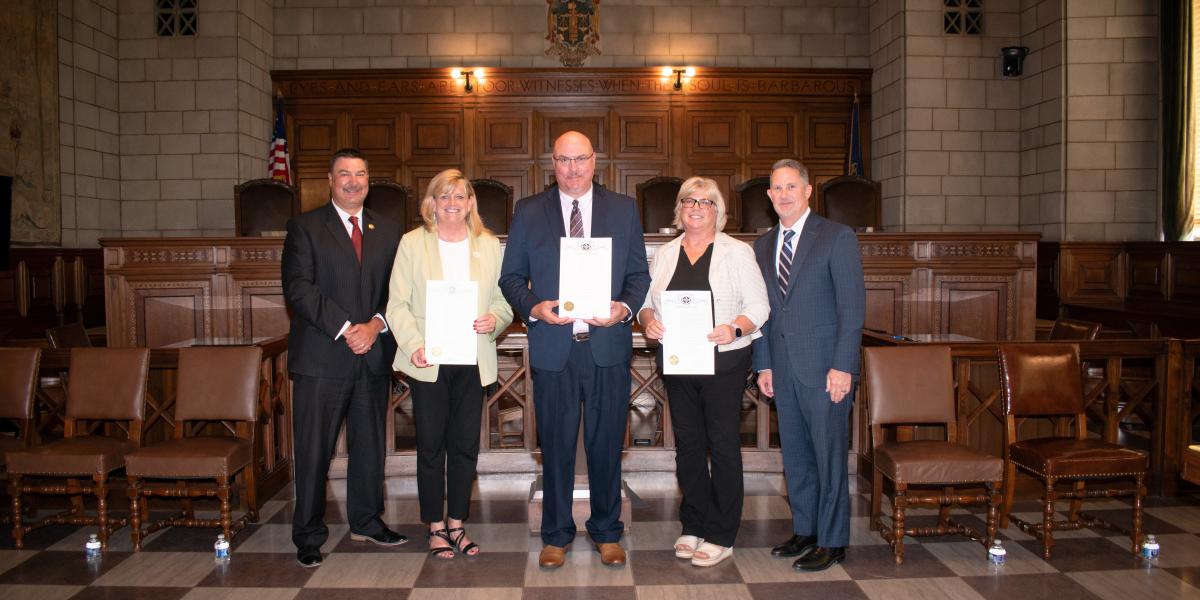 State Court Administrator Corey Steel, State Probation Administrator Deb Minardi, Chief Probation Officer and peer support team member Jeff Jennings, Problem-Solving Court Coordinator and peer support team member Heather Moran, and Justice Jeff Funke.