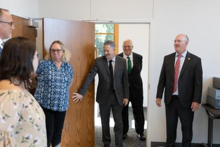 Frontier County Clerk Darla Walther guides the tour of the newly renovated courthouse.