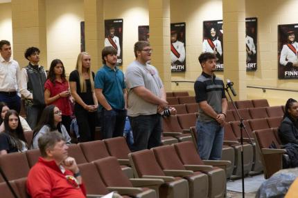 The Nebraska Supreme Court hears an argument and answers student questions as part of its outreach argument program at Roncalli High School. 