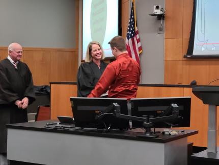 DUI Court graduate Conrad, Judge Darla Ideus, Judge John Colborn.