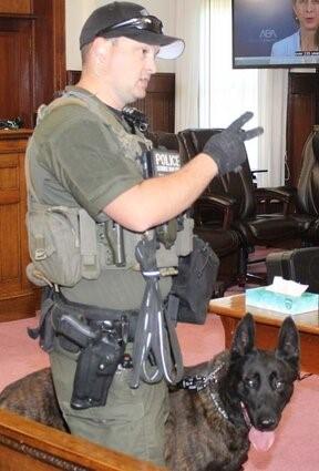 Demonstration by Nebraska State Patrol Officer Brent Potthoff and his police dog, Amos.