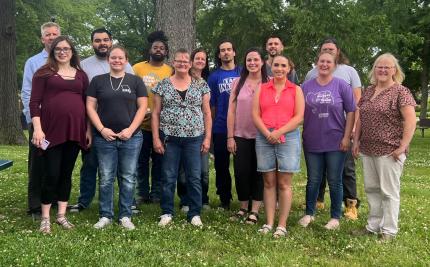 (front row L-R) Janeen Moyer, Josie Lunsford, Brenda Allen, Probation Officer Chelsea Hagedorn, Meadow Malone, Heather Rimpley, Problem-Solving Court Coordinator Chris Reece.  (back row L-R) Probation Officer Marty Metschke, Jonathan Cruz-Silos, Marlon Warren, Danielle Powers, Joshua Sciarappa, Jacob Samson, and Lance Barnes.