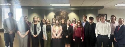 Judge Riko Bishop, Chief Judge Francie Riedmann, Judge Frankie Moore, and Judge Moore’s judicial law clerk, Claudia Brock with students enrolled in the Kearney Law Opportunities Program.